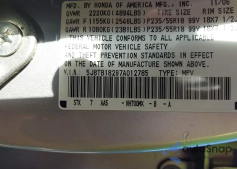 2007 Acura Rdx from USA, damaged, VIN 5J8TB18297A012785